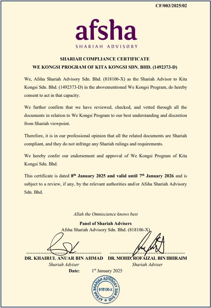 Sijil Pematuhan Syariah Afsha Advisory
