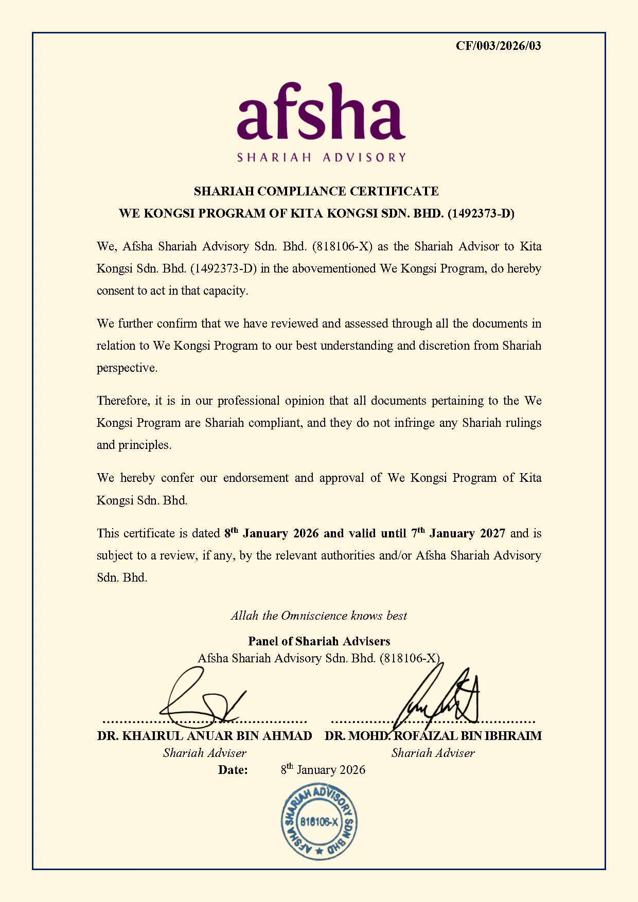 Sijil Pematuhan Syariah Afsha Advisory